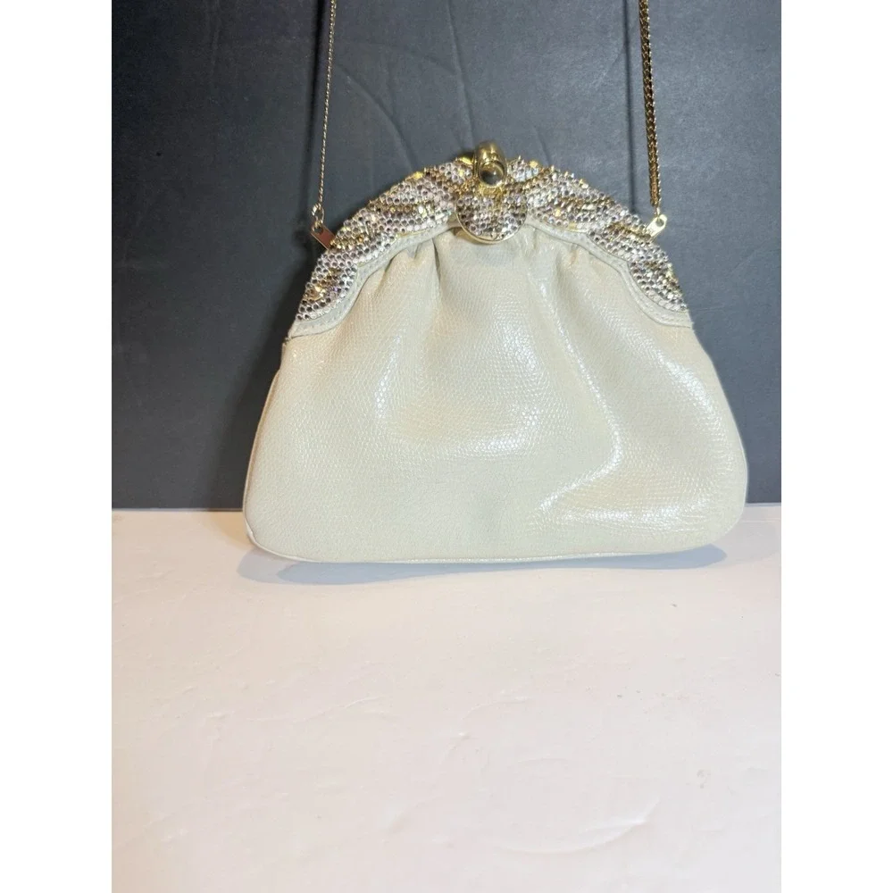 Elan Ivory Evening Clutch Rhinestone Crystal Purse Gold Chain Wedding Bag